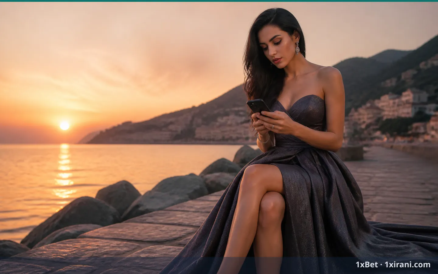 زن با لباس مرجانی میان نخلهای شب و گوشی وان ایکس بت